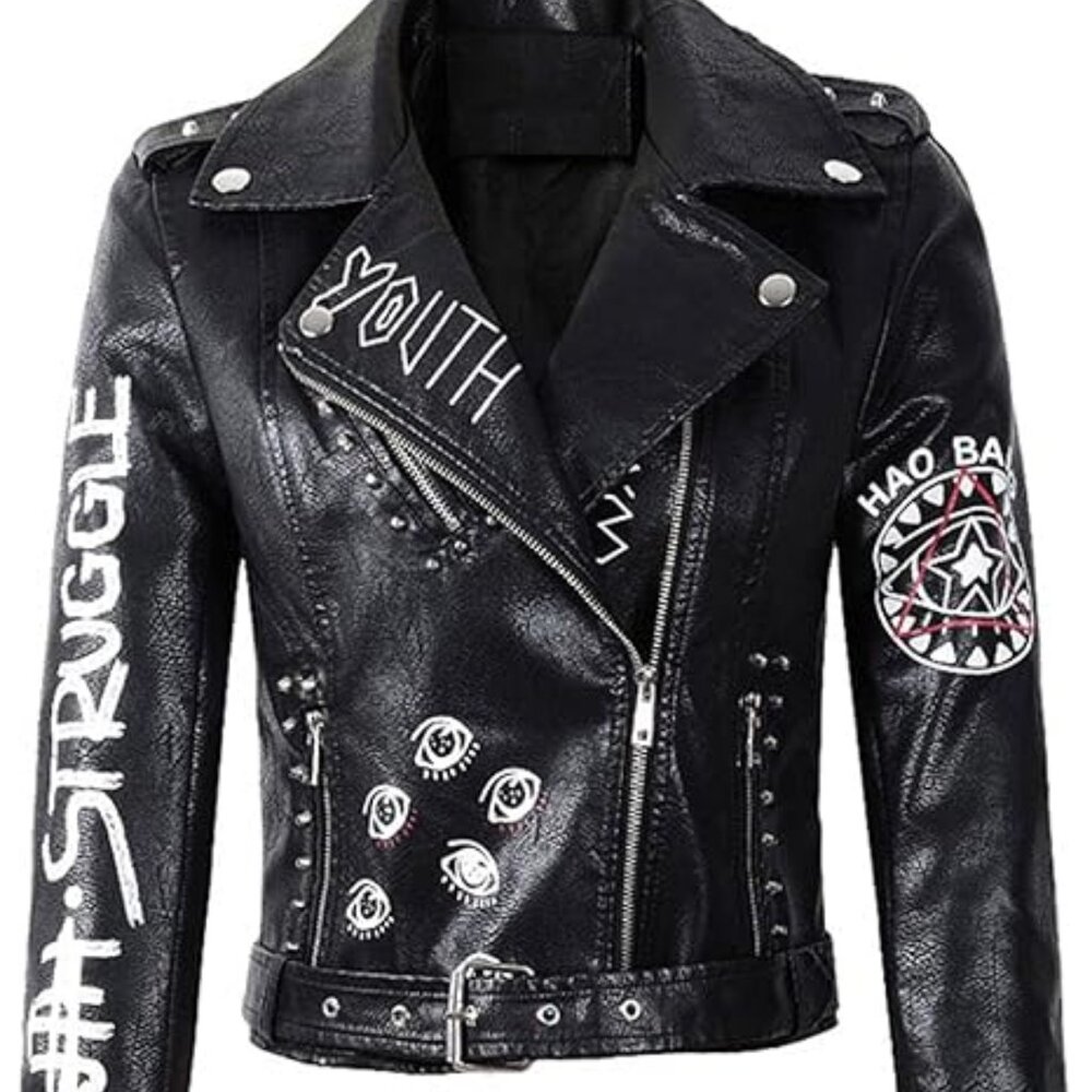 Black Graphic Moto Jacket Size XL Faux Leather Punk Edgy Biker Jacket Belted